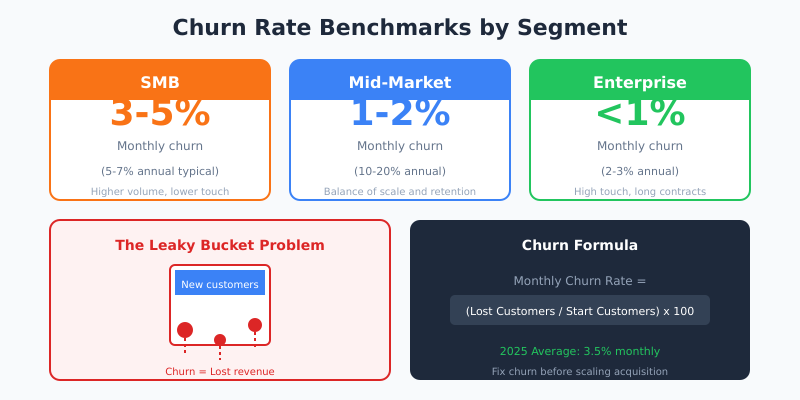 Churn rate benchmarks by segment: SMB 3-5%, Mid-market 1-2%, Enterprise under 1% monthly