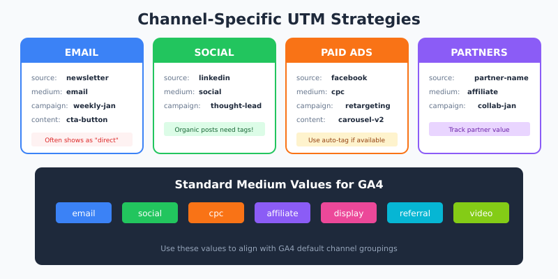 Channel-specific UTM strategies for email, social, paid ads, and partners with standard medium values