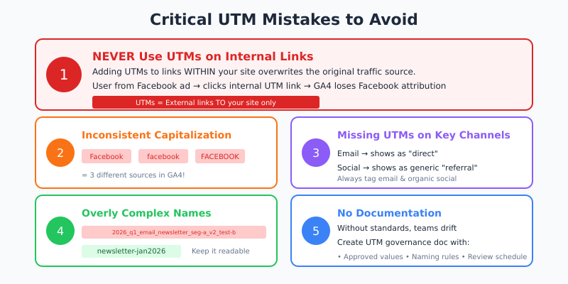 Five critical UTM mistakes: internal links, inconsistent capitalization, missing UTMs, complex names, no documentation