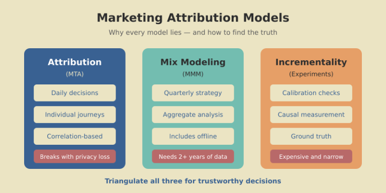 Three pillars of marketing measurement: multi-touch attribution, marketing mix modeling, and incrementality testing