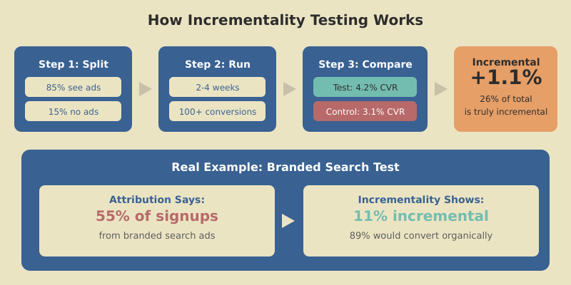 Incrementality test flow showing test group vs control group and how to calculate incremental lift