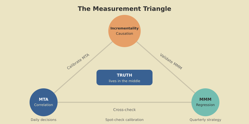 Measurement triangle diagram with MTA for daily decisions, MMM for strategy, and incrementality for calibration