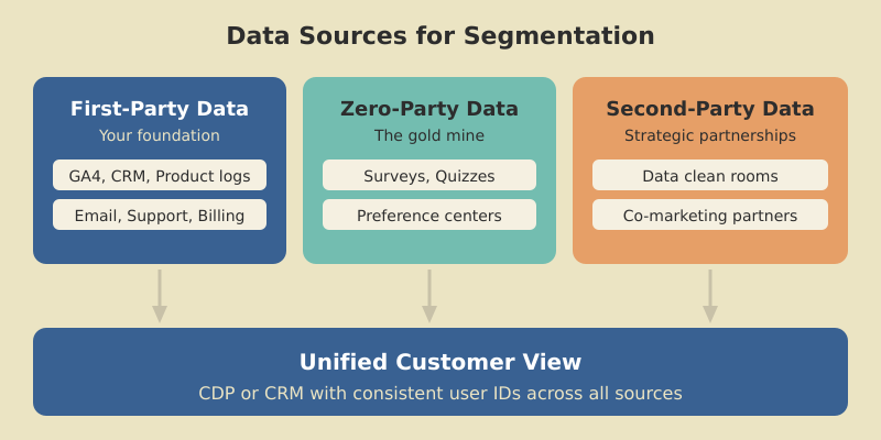 Three data sources for segmentation: first-party data from GA4 and CRM, zero-party data from surveys and quizzes, and second-party data from partnerships, all flowing into a unified customer view