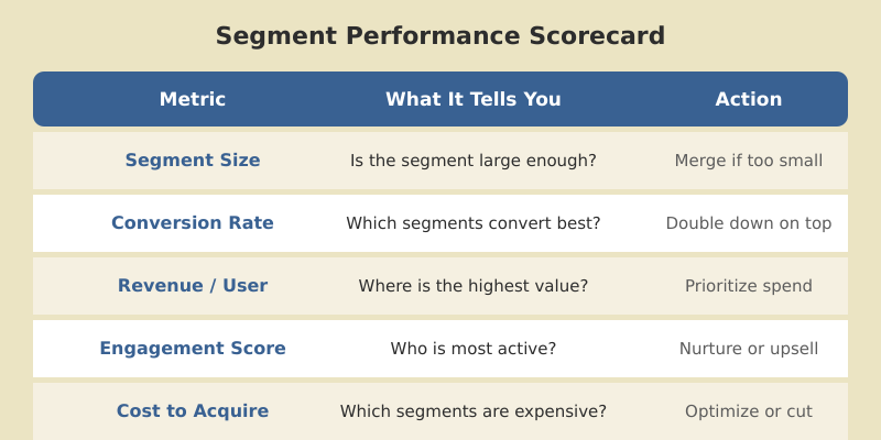 Segment performance scorecard with five key metrics: segment size, conversion rate, revenue per user, engagement score, and cost to acquire, with recommended actions for each