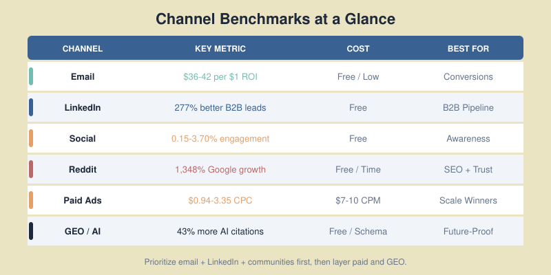 Benchmark comparison table showing ROI, engagement rates, and cost metrics across email, LinkedIn, organic social, Reddit, syndication, paid, and GEO channels