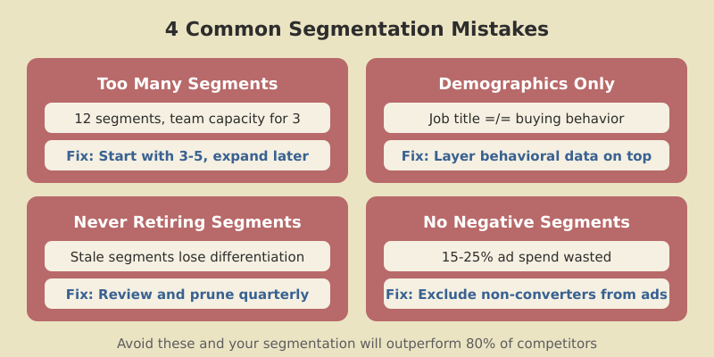 Four common segmentation mistakes: too many segments, demographics only, never retiring segments, and no negative segments, each with a specific fix