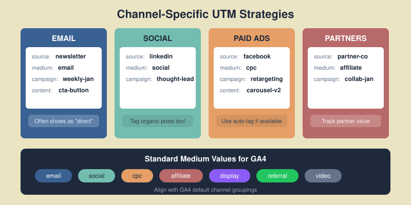 Channel-specific UTM strategies for email, social, paid ads, and partners with standard medium values