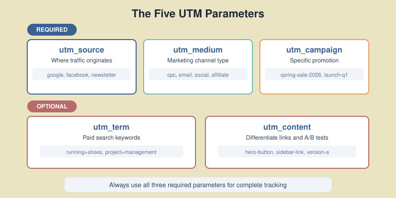 The five UTM parameters: source, medium, campaign (required) and term, content (optional)