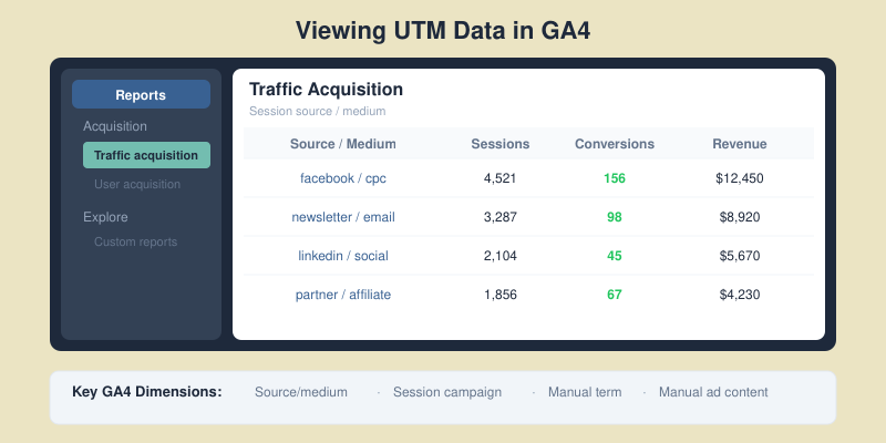 GA4 Traffic Acquisition report showing UTM data with source, medium, sessions, conversions, and revenue