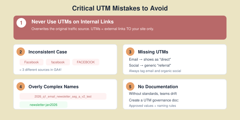 Five critical UTM mistakes: internal links, inconsistent capitalization, missing UTMs, complex names, no documentation