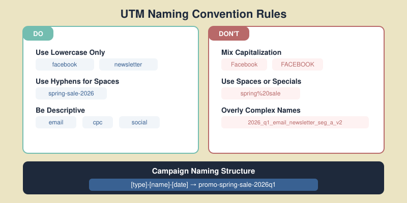 UTM naming convention rules: lowercase, hyphens, no special characters, descriptive, standardized