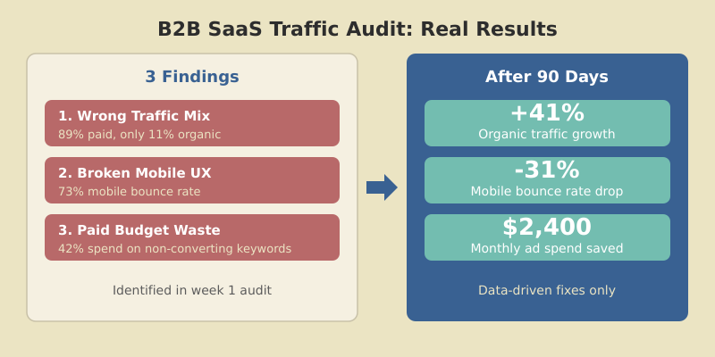 Real audit results showing wrong traffic mix, broken mobile UX, and paid budget waste with 41% improvement after fixes