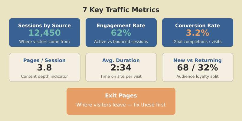 Seven key traffic metrics: sessions by source, engagement rate, conversion rate, pages per session, duration, new vs returning, exit pages