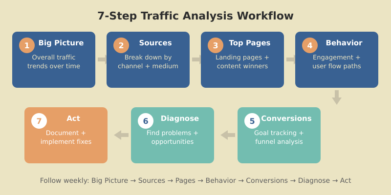 7-step traffic analysis workflow from big picture trends to document and act