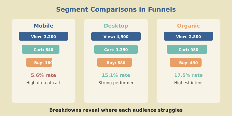 Three funnel segments compared side by side showing mobile desktop and organic traffic conversion rates