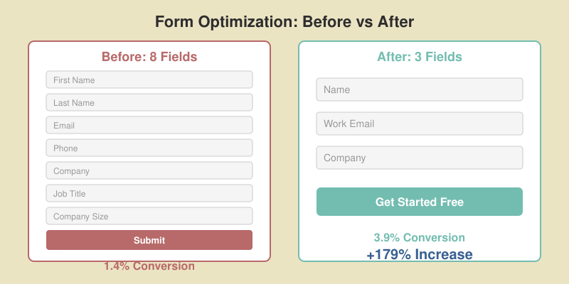 Before and after form optimization showing 8 field form at 1.4 percent conversion versus 3 field form at 3.9 percent conversion