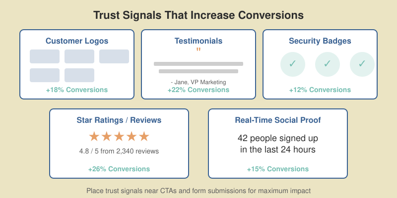 Five types of trust signals showing conversion impact from customer logos at plus 18 percent to star ratings at plus 26 percent