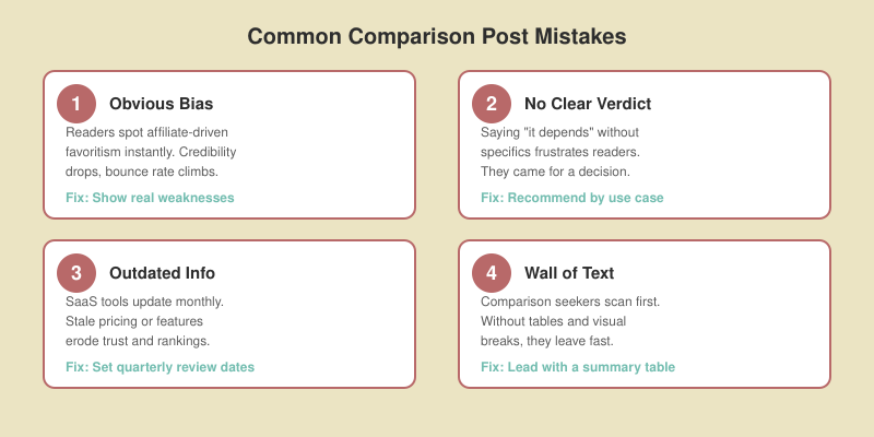 Four common comparison post mistakes — obvious bias, no clear verdict, outdated info, and wall of text — with fixes for each