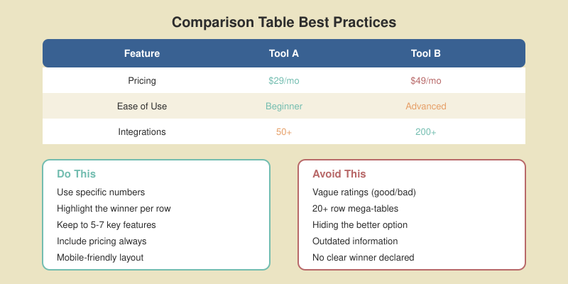 Comparison table best practices showing a sample feature table alongside do-this and avoid-this tips for building effective tables