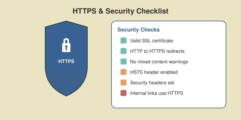 HTTPS and security checklist showing a shield icon with SSL security checks including certificate validation, redirects, and security headers