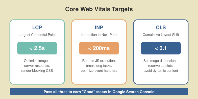 Core Web Vitals targets showing LCP under 2.5 seconds, INP under 200 milliseconds, and CLS under 0.1 with optimization tips
